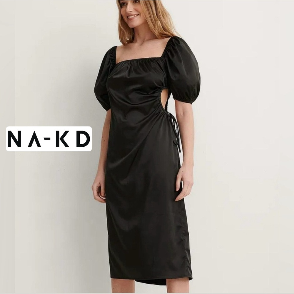 NEW NA-KD Silk Cut-Out Black Puff Sleeve Cut Out Dress - Midi Dress - Size Large